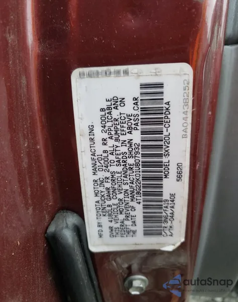2001 Toyota Camry Ce z USA, uszkodzony, nr VIN 4T1BG22K01U807932